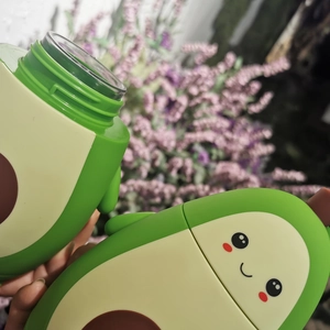 Cute avocado glass water bottle with double-layer insulation and cartoon pattern