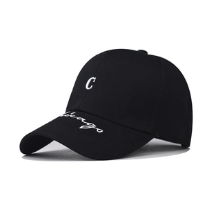 Classic black cotton baseball cap featuring white 3D embroidered C and Chicago script