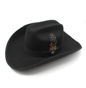 Detail of wool felt cowboy hat featuring polka dot feathers and vintage metal badge