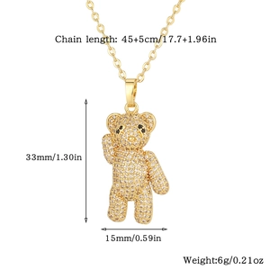 Detailed size map of gold bear pendant with clear cubic zirconia on 45cm chain