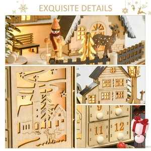 Lighted wooden Christmas advent calendar with 24 drawers and village scene decor