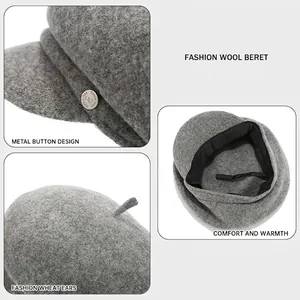 Japanese oversized wool beret in grey with metal button and warm lining for women