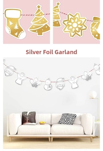 Close-up of glittery gold and silver Christmas paper banners with festive holiday patterns