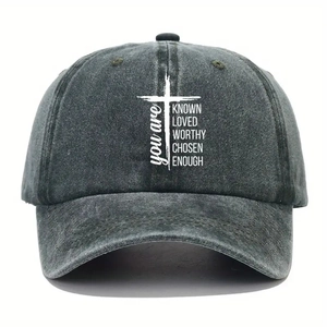 Washed black cotton baseball cap with white cross and religious inspirational text print