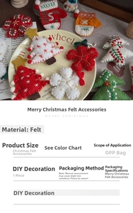Detail of handcrafted Christmas wool felt ornaments including trees and gloves for DIY crafts