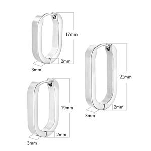 Detailed size comparison of 17mm 19mm 21mm silver U-shaped oval hoop earrings