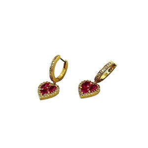French style gold heart earrings with sparkling red zircon and white crystal stones