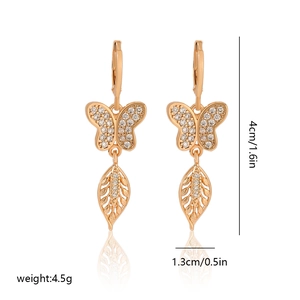 Detailed size chart showing 4cm champagne gold butterfly earrings with zircon stones