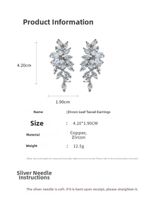 Detail view of zircon leaf tassel earrings showing dimensions 4.2x1.9cm and copper material