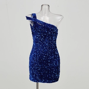 Robe courte pailletée bleu roi à une épaule pour femme, style moulant pour soirée