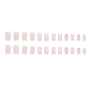 Minimalist white bone pattern press-on nails with small crystals in a 24-piece set