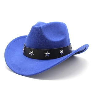 Detail of royal blue wool felt cowboy hat with silver star studs on black leather band