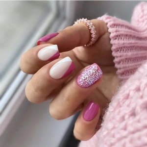 Unghie Finte a Pressione Corte Quadrate Rosa Bianco Color Block Glitter Argento Lucide Unghie Artificiali Per Donna Manicure