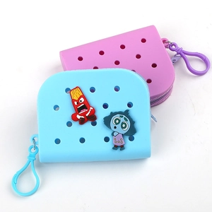 Waterproof silicone hole bag coin purse in pink and blue with cartoon decor and hooks