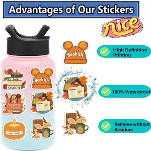 Waterproof bookish autumn stickers showing high definition printing on a pink water bottle