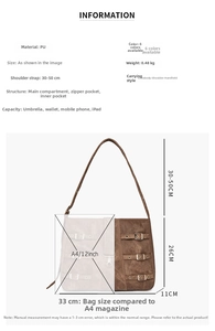 Detailed size specifications for brown PU leather crossbody bag with 33x26x11cm dimensions