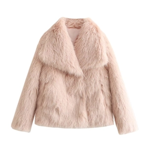 Detailed view of plush light pink faux fur jacket texture and wide notched lapel collar