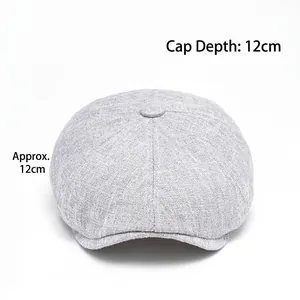 Breathable light grey linen newsboy cap featuring 12cm deep crown and textured fabric