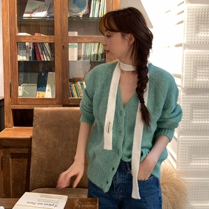 Mint green plush knit cardigan with integrated white scarf tie and nice moment tag