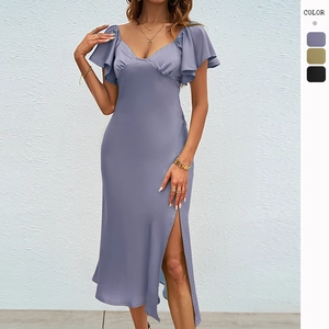 Robe Midi En Satin À Col En V Pour Femmes Manches Volantées Sexy Fente Haute Élégante Couleur Unie Taille Haute