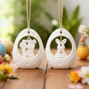 Easter rabbit and LOVE pendant mold details with rustic hemp rope on wood surface
