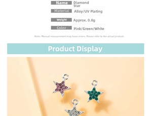 Detailed macro view of alloy star pendants with colorful rhinestones in three colors