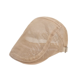 Beige mesh ivy cap with breathable hollow-out design and adjustable metal buckle back