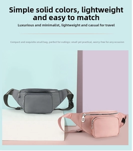 Detail of light gray and soft pink waterproof nylon waist bags with adjustable buckles