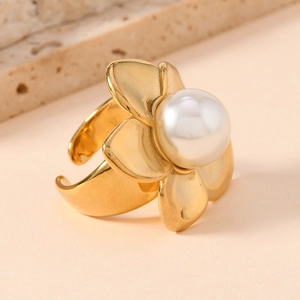 Minimalist gold flower ring with pearl inlay, adjustable open band for women