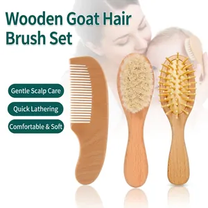 Wooden Baby Hair Brush And Comb With Natural Goat Bristles For Scalp Massage Newborn Infant Toddler Care