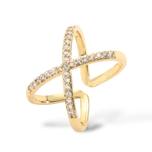 Elegant 18K gold plated X-shaped criss-cross ring featuring sparkling white cubic zirconia