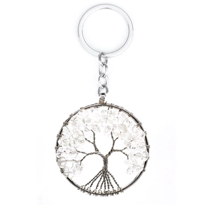 Silver tree of life keychain featuring clear crystal stones on a clean white background