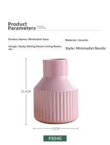 Pink ceramic vase detail showing vertical ribbed texture and dimensions 15.4x11cm