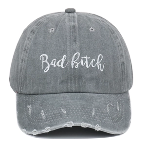 Vintage gray washed cotton baseball cap with Bad Bitch embroidery and distressed details