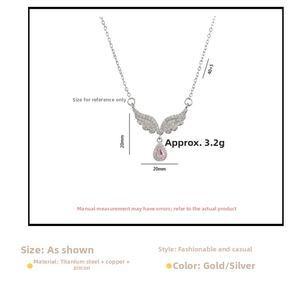 Close-up of pink teardrop zircon angel wing pendant with 40+5cm chain dimensions