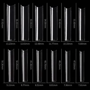 Size chart for 500pcs high curve transparent long pipe nail tips in 12 different sizes