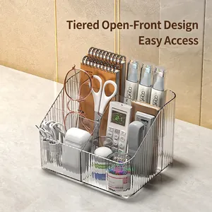 Three-tier transparent acrylic desktop organizer with vertical stripes for cosmetics and stationery