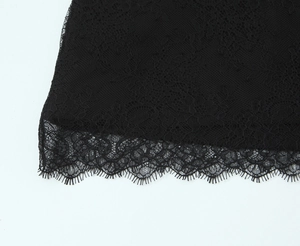 Detailed close-up of intricate black lace fabric with delicate floral mesh and scalloped edges