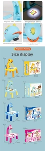 Macro details of the LED projector desk switch, battery compartment and product dimensions