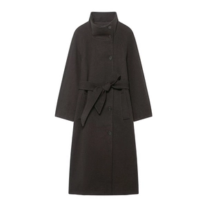 Women's elegant dark grey wool coat with stand collar, waist belt, and single-breasted buttons