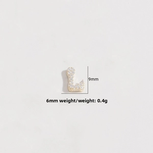 Detailed view of micro-paved zircon letter L charm with 9mm height and 6mm width dimensions