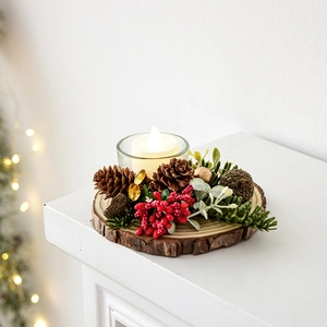 Christmas Wooden Candle Holder Ornament With Pine Cones Berries Glass Cup For Holiday Table Centerpiece Xmas Tree Decoration