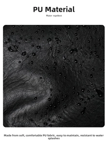 Macro view of black lychee grain PU leather with water repellent drops on surface