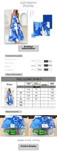 Detailed size chart for blue floral print halter dress including weight and fabric specs
