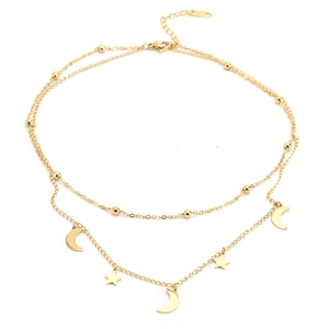 Detailed view of gold double-layer star and moon necklace with adjustable lobster clasp