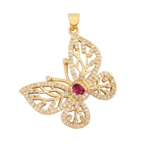 Golden butterfly pendant with white zircon and red center stone showing 31mm dimensions
