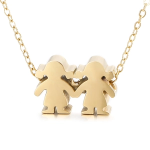 Polished gold stainless steel necklace with double girls holding hands pendant for women