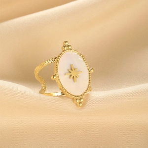 French Retro Gold Plated Stainless Steel Ring Oval Mother Of Artificial Pearl Eight Pointed Star Open Adjustable Jewelry Women