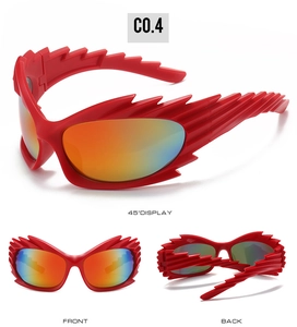 Three-angle display of futuristic punk spiked sunglasses with rainbow mirror lenses