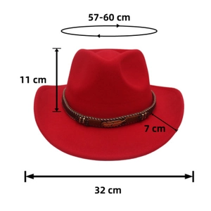 Detailed dimensions of the red cashmere felt cowboy hat with leather band and feather accent